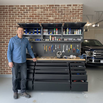 72" Heavy Duty Rolling Tool Storage Cabinet with Power Strip; 15 fully extending drawers; Hybrid pegboard, Wood Workbench, Overhead Cabinets & Lockable Security - Sturdy Steel Construction, 4-Wheel Mo