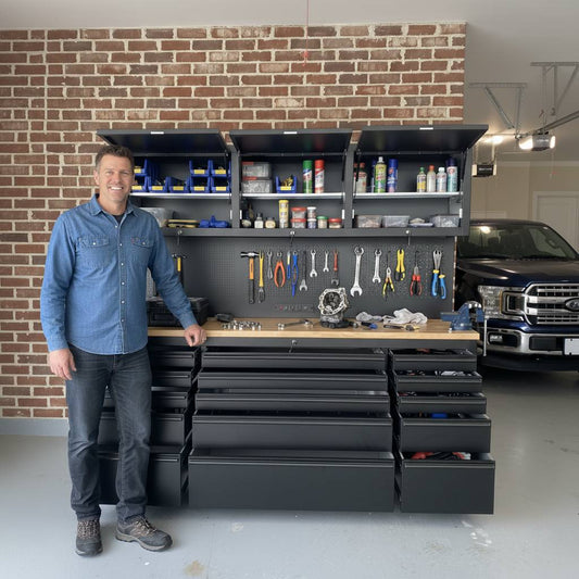 72" Heavy Duty Rolling Tool Storage Cabinet with Power Strip; 15 fully extending drawers; Hybrid pegboard, Wood Workbench, Overhead Cabinets & Lockable Security - Sturdy Steel Construction, 4-Wheel Mo