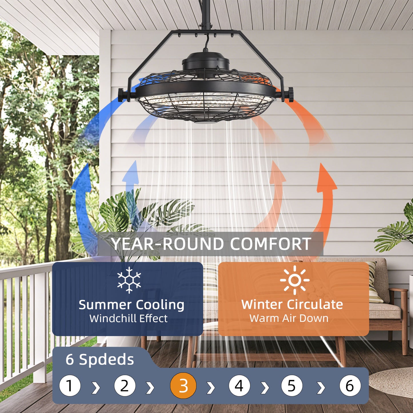 21 Inch Black Outdoor Ceiling Fan with LED Light