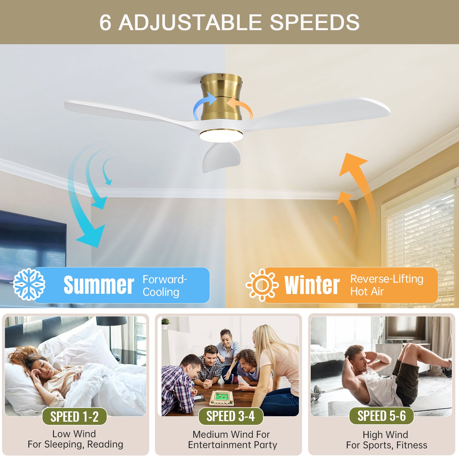 48 Inch Golden Wood Ceiling Fan with Light