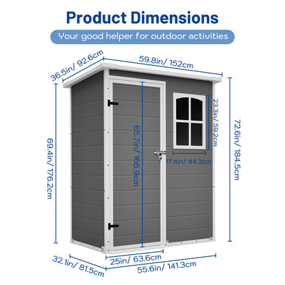 5x6ft Gray Resin Outdoor Storage Shed - Weatherproof Tool & Garden Shelter