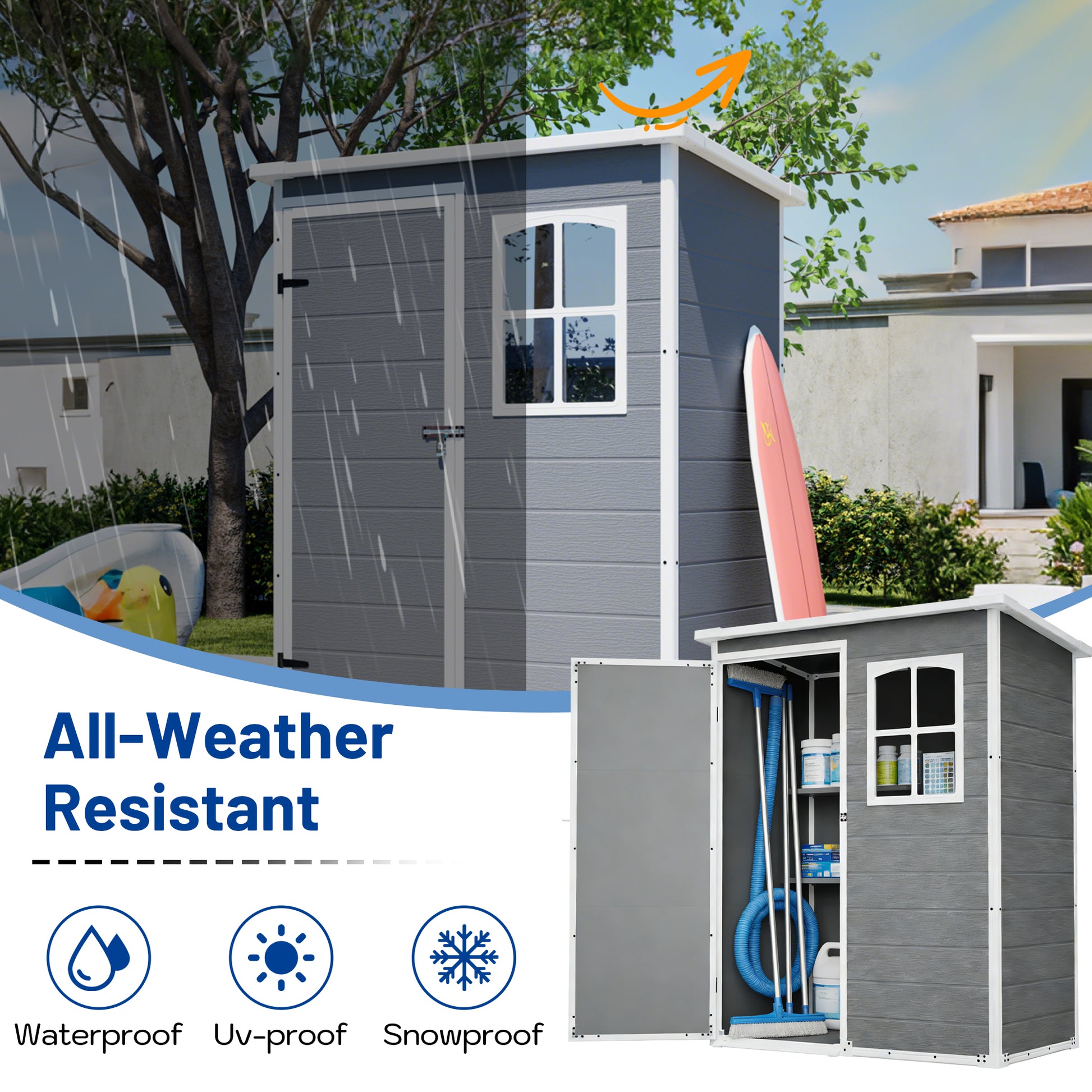 5x6ft Gray Resin Outdoor Storage Shed - Weatherproof Tool & Garden Shelter
