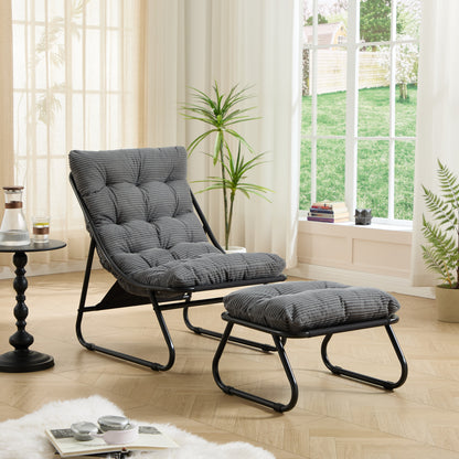 Black Outdoor Lounge Chair with Ottoman, Sling Frame, and Gray Puffy Cushion for Patio or Sunroom