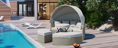 Gray Rattan Sectional Sofa Set Outdoor Daybed with Canopy