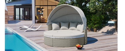 Gray Rattan Sectional Sofa Set Outdoor Daybed with Canopy