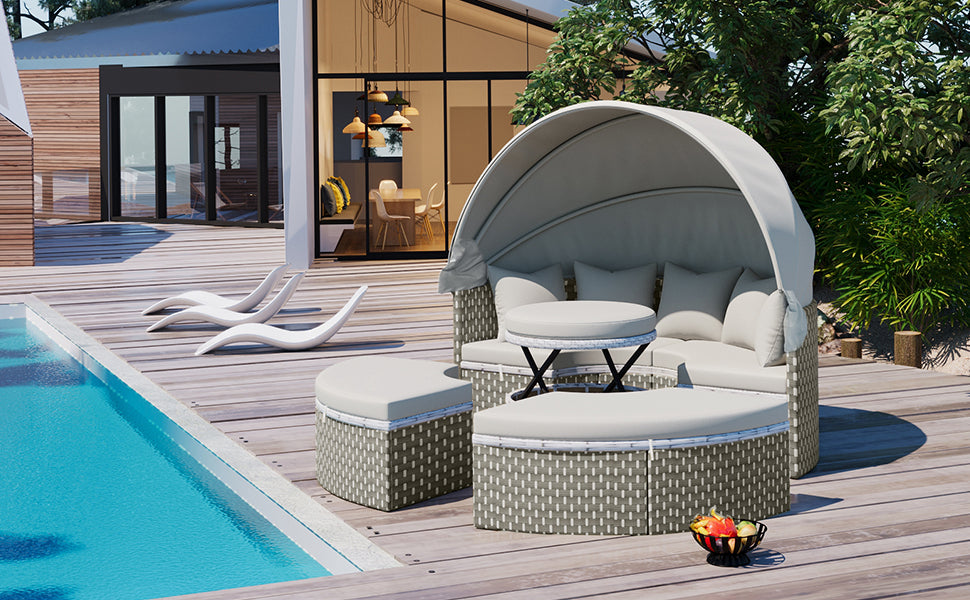 Gray Rattan Sectional Sofa Set Outdoor Daybed with Canopy
