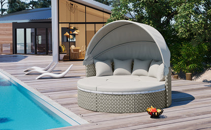 Gray Rattan Sectional Sofa Set Outdoor Daybed with Canopy