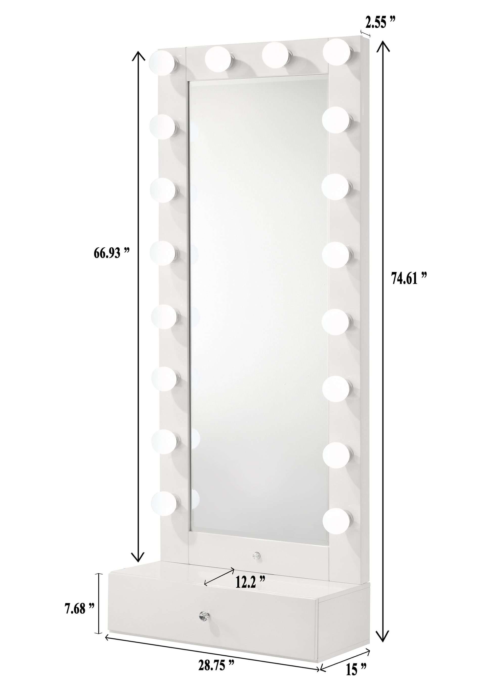 Glam Tall Lighted Mirror with Storage Drawer White
