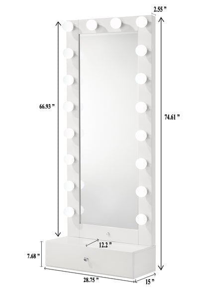 Glam Tall Lighted Mirror with Storage Drawer White