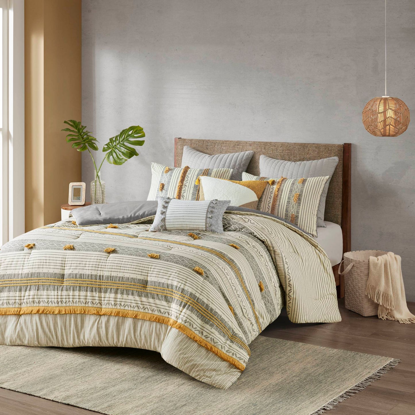 Gray Yellow Queen Cotton Comforter Set