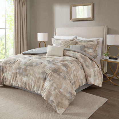 7 Piece Textured Cotton Blend Comforter Set Gray Queen