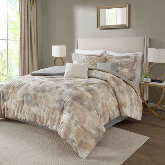 7 Piece Textured Cotton Blend Comforter Set Gray Queen