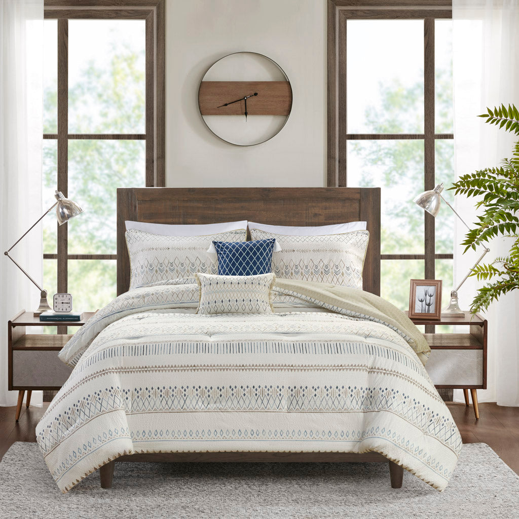 Taupe Blue Seersucker Comforter Set - Full or Queen