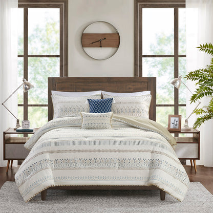 Taupe Blue Seersucker Comforter Set - Full or Queen