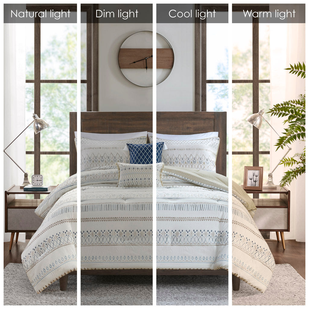 Taupe Blue Seersucker Comforter Set - Full or Queen