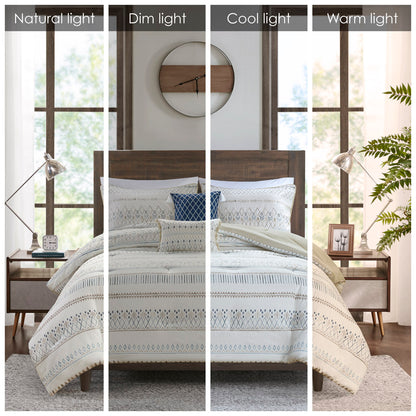 Taupe Blue Seersucker Comforter Set - Full or Queen