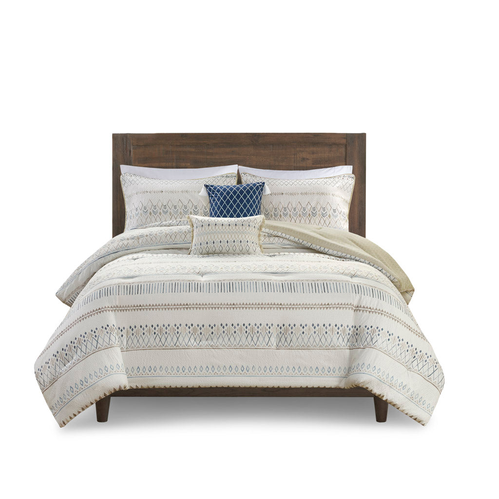 Taupe Blue Seersucker Comforter Set - Full or Queen
