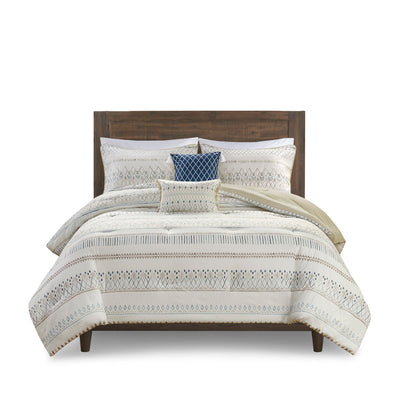 Taupe Blue Seersucker Comforter Set - Full or Queen