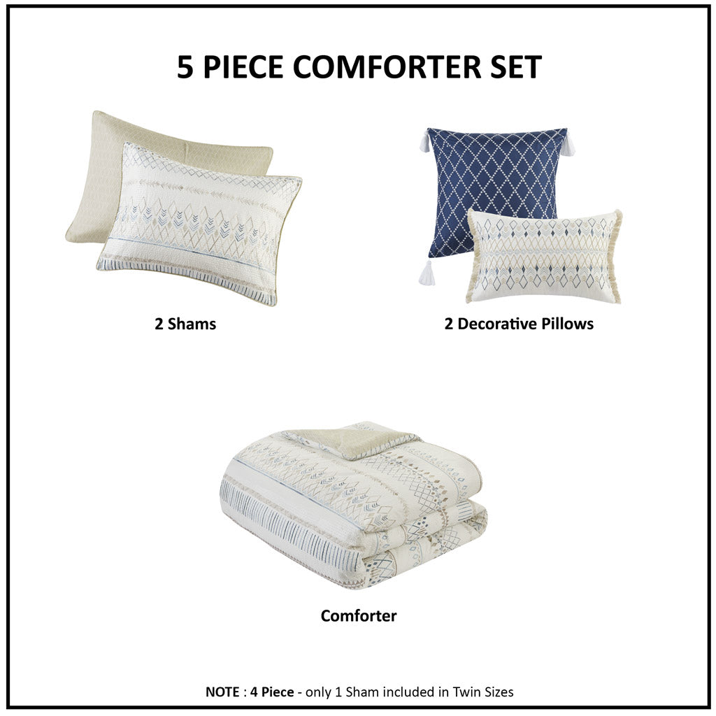 Taupe Blue Seersucker Comforter Set - Full or Queen