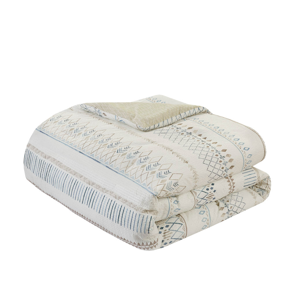 Taupe Blue Seersucker Comforter Set - Full or Queen