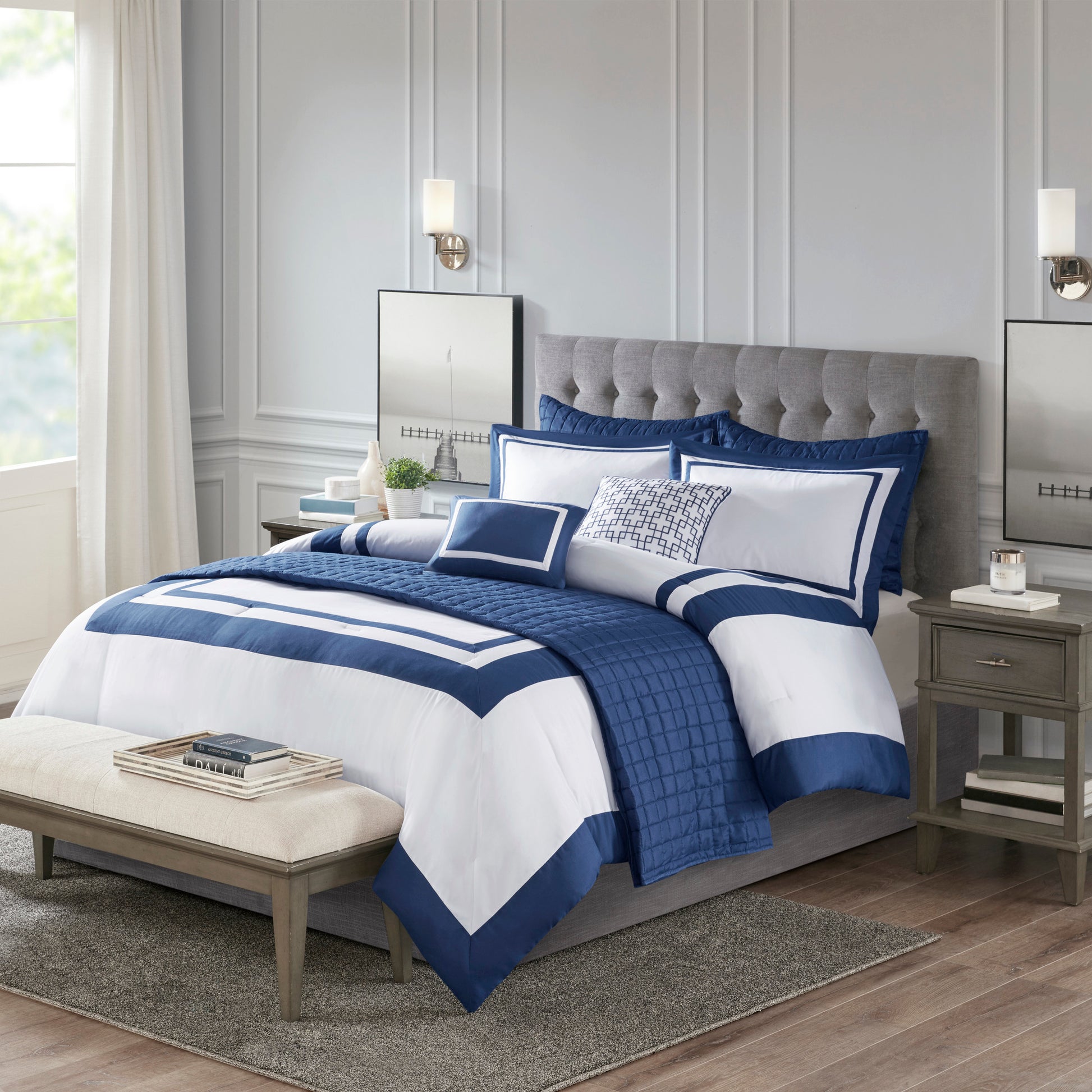 8 Piece Navy Full/Queen Comforter & Quilt Set - Luxurious Comfort
