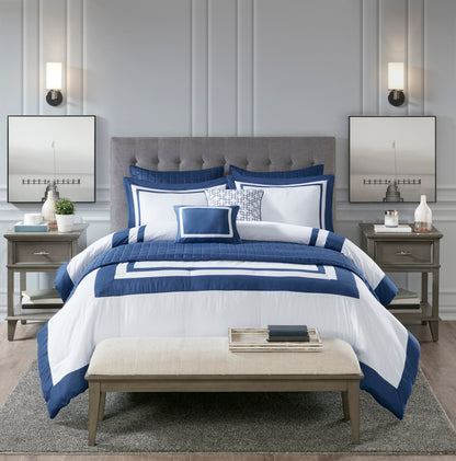 8 Piece Navy Full/Queen Comforter & Quilt Set - Luxurious Comfort