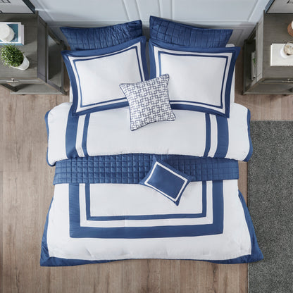 8 Piece Navy Full/Queen Comforter & Quilt Set - Luxurious Comfort
