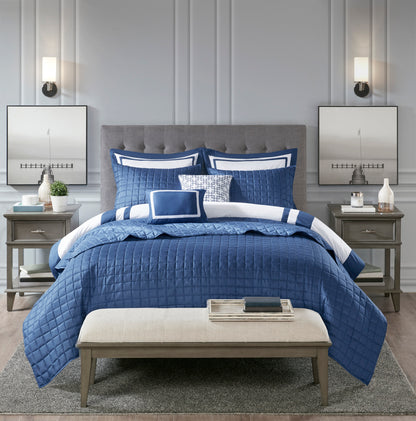 8 Piece Navy Full/Queen Comforter & Quilt Set - Luxurious Comfort