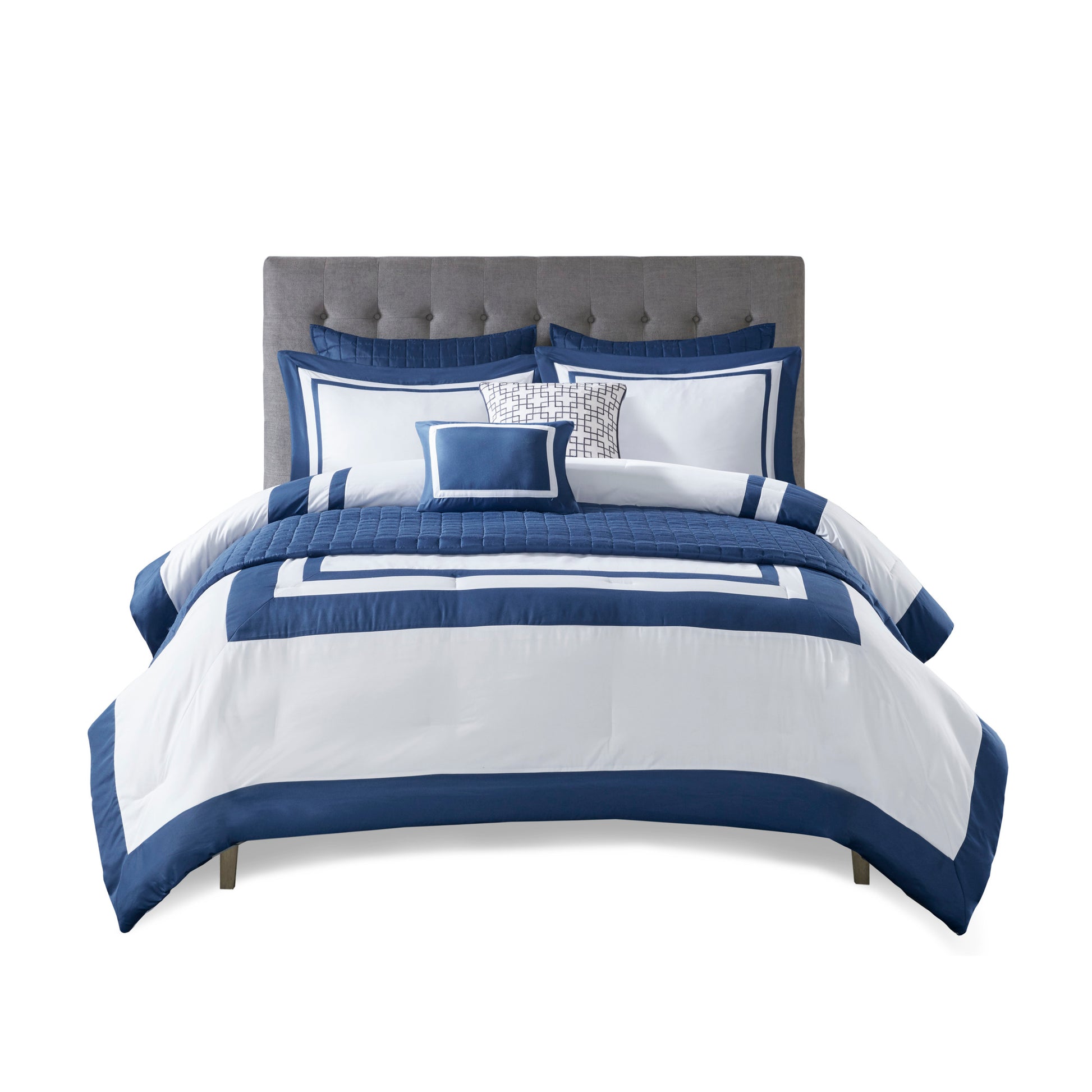 8 Piece Navy Full/Queen Comforter & Quilt Set - Luxurious Comfort