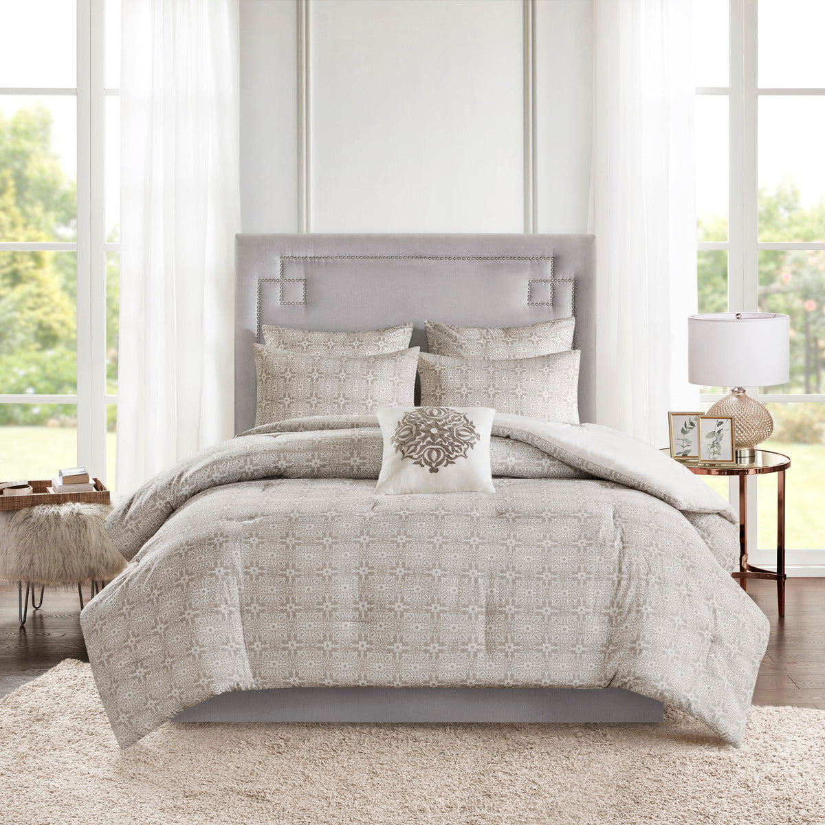 Ivory King Comforter Set - Shabby Chic Reversible 6 Piece