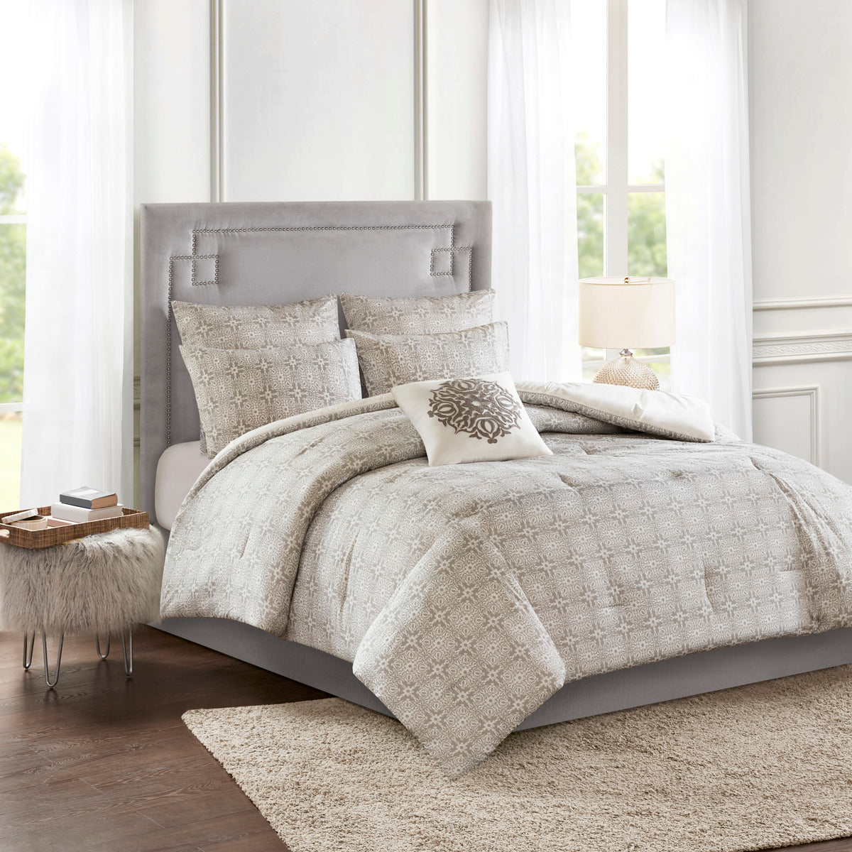 Ivory King Comforter Set - Shabby Chic Reversible 6 Piece
