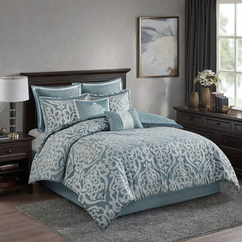 8 Piece Jacquard Comforter Set Aqua/Silver Cal King