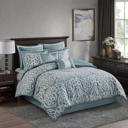 8 Piece Jacquard Comforter Set Aqua/Silver Cal King