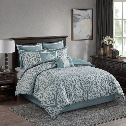 8 Piece Jacquard Comforter Set Aqua/Silver Cal King
