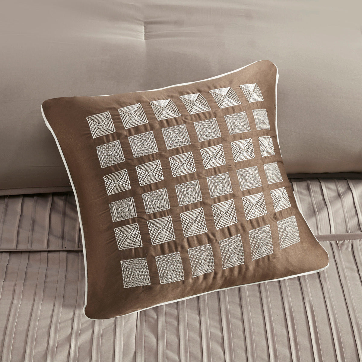 Queen Taupe Polyester Comforter Set - 7 Piece Luxury Bedding