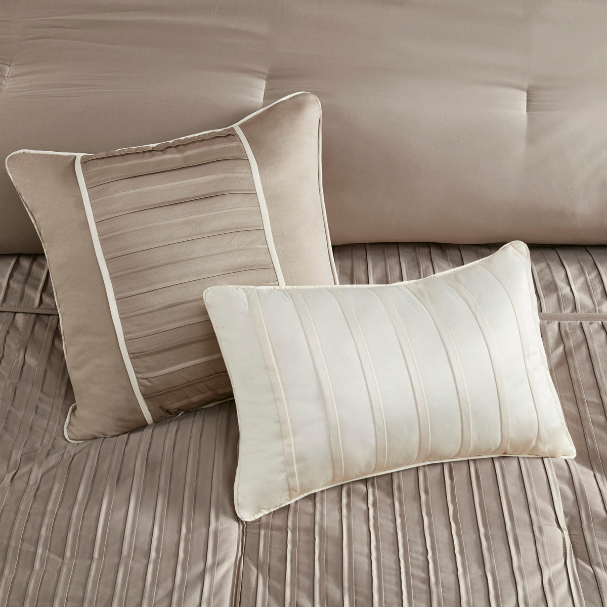Queen Taupe Polyester Comforter Set - 7 Piece Luxury Bedding
