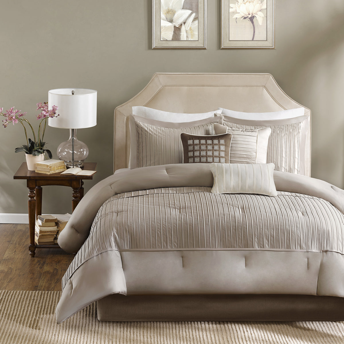 Queen Taupe Polyester Comforter Set - 7 Piece Luxury Bedding