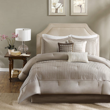 Queen Taupe Polyester Comforter Set - 7 Piece Luxury Bedding
