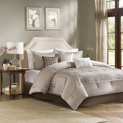 7 Piece Polyester Charmeuse Comforter Set Taupe Queen