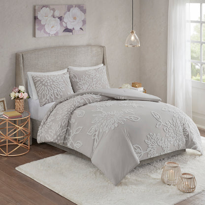 3 Piece Tufted Cotton Chenille Floral Comforter Set Warm Grey/White King/Cal King