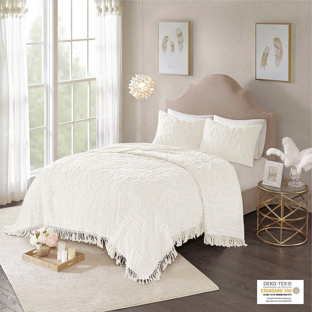 Luxurious Off White Cotton Chenille Fringe Coverlet - King Size