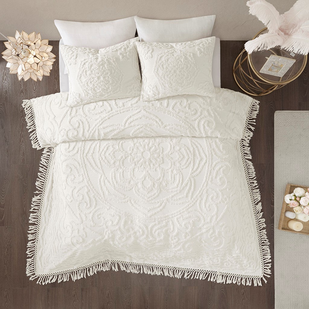 Luxurious Off White Cotton Chenille Fringe Coverlet - King Size
