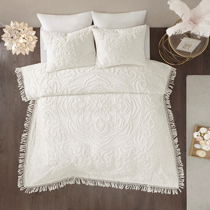 Luxurious Off White Cotton Chenille Fringe Coverlet - King Size