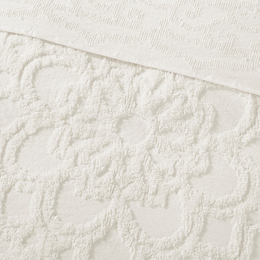 Luxurious Off White Cotton Chenille Fringe Coverlet - King Size