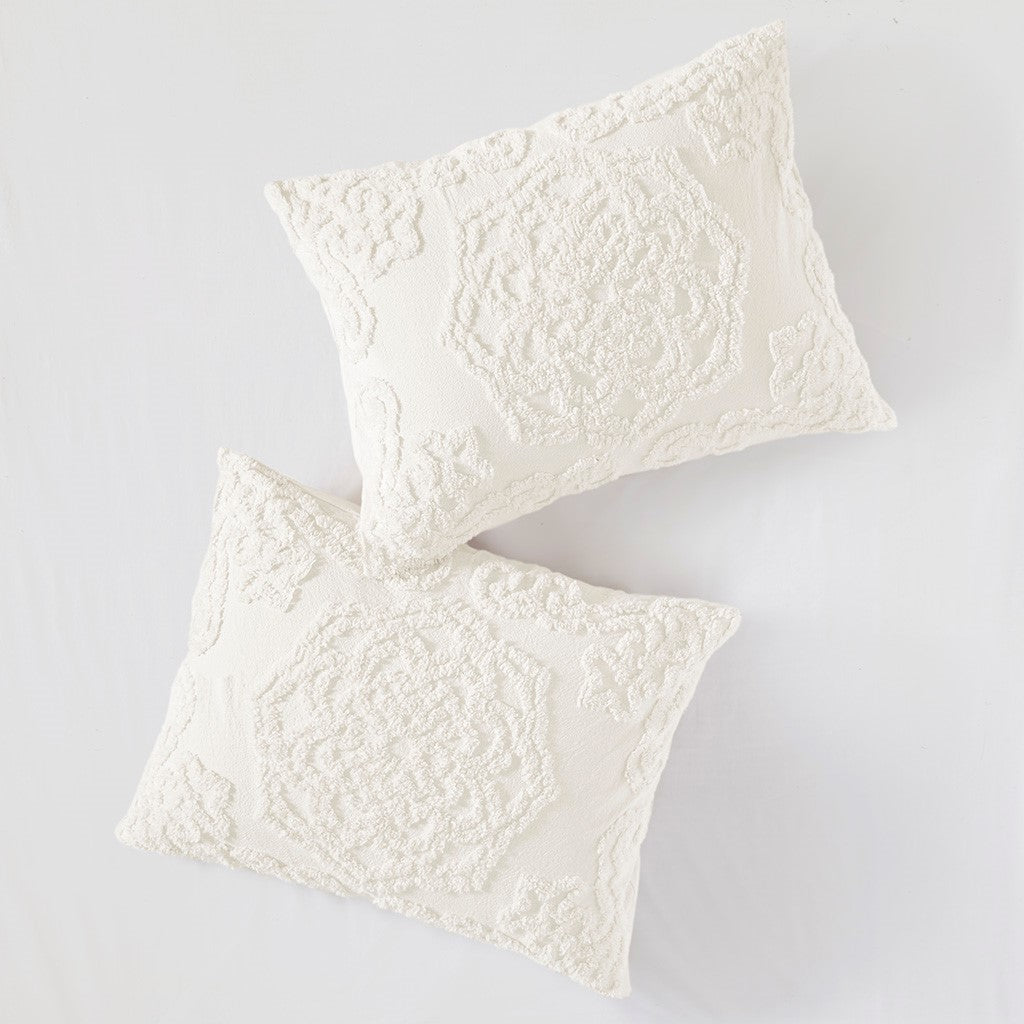 Luxurious Off White Cotton Chenille Fringe Coverlet - King Size