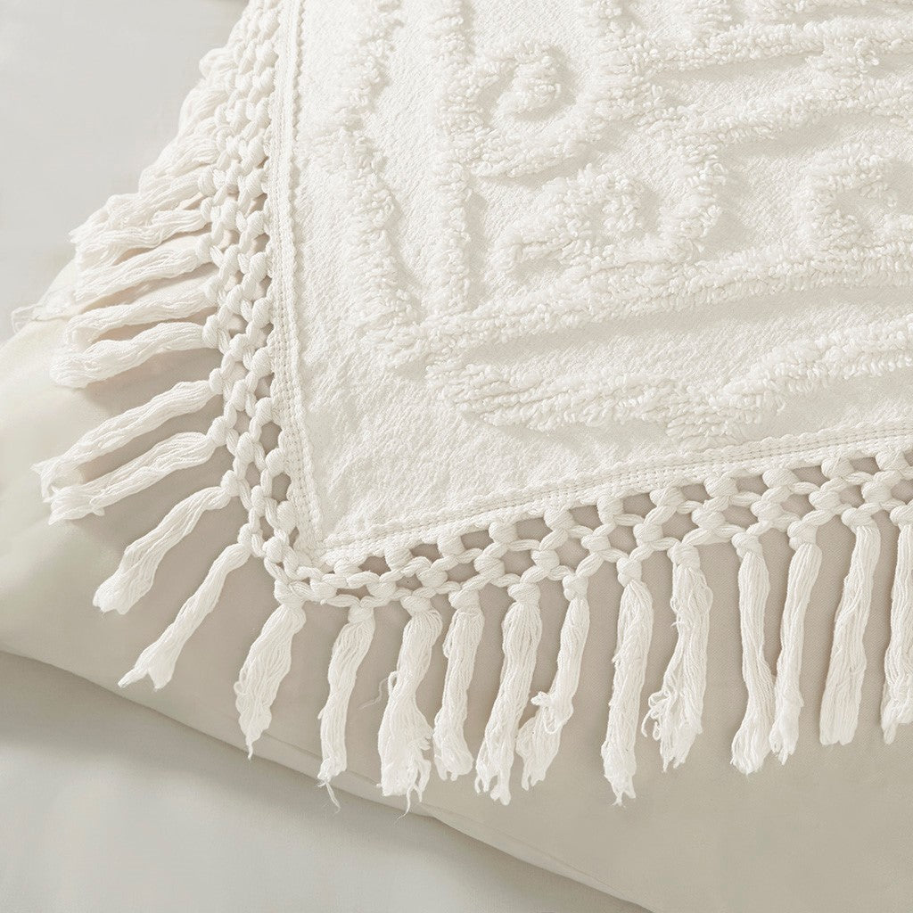 Luxurious Off White Cotton Chenille Fringe Coverlet - King Size
