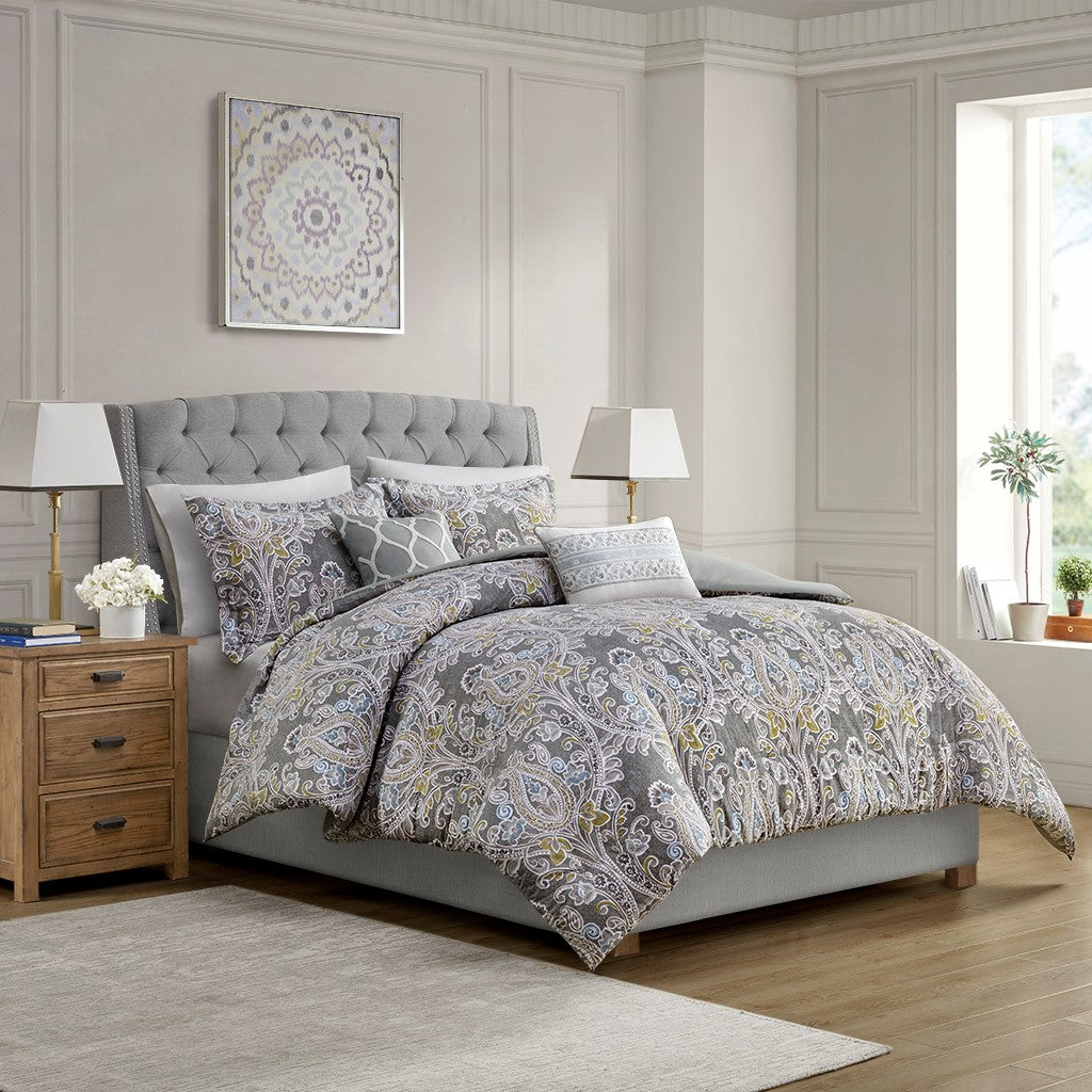 Grey Full Size Cotton Duvet Cover Set - 5 Piece