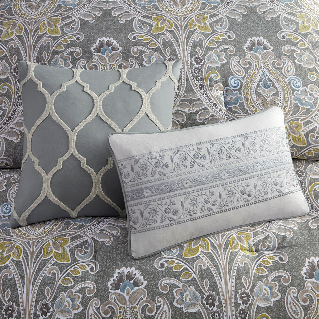 Grey Full Size Cotton Duvet Cover Set - 5 Piece