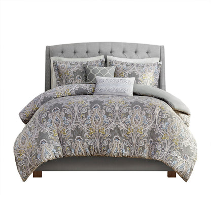 Grey Full Size Cotton Duvet Cover Set - 5 Piece