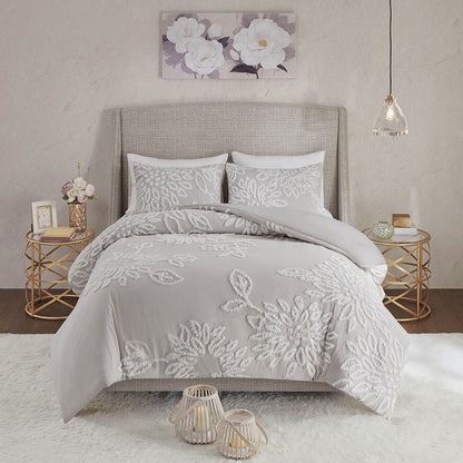 Full/Queen 3 Piece Tufted Cotton Chenille Floral Duvet Cover Set